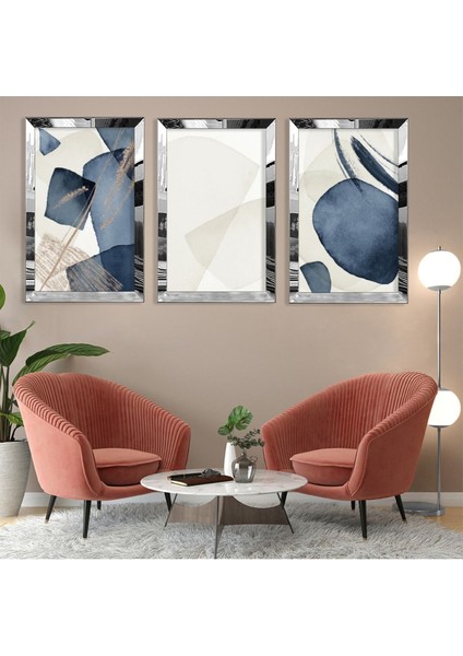 Mavi Beyaz Kolaj Gümüş Pleksi Kenar 3'lü Mdf Tablo