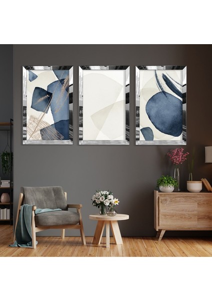 Mavi Beyaz Kolaj Gümüş Pleksi Kenar 3'lü Mdf Tablo fiyatları