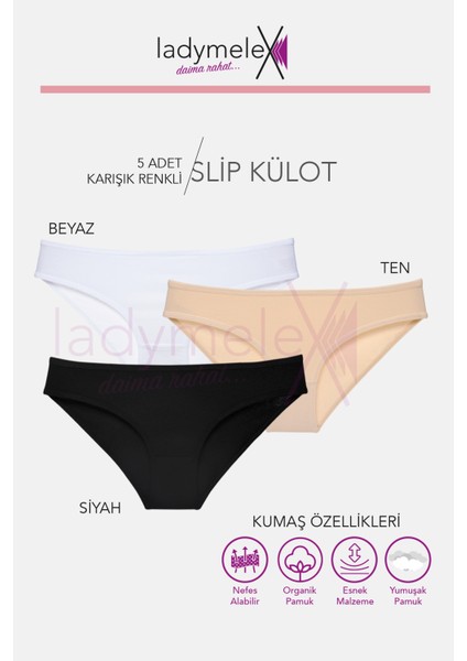 Kadın Külot, 5 Adet, Siyah - Beyaz - Ten Klasik Slip Külot, %100 Yumuşak Kumaş