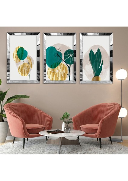 Soyut Desen Bitki Gold Pleksi Kenar 3'lü Mdf Tablo