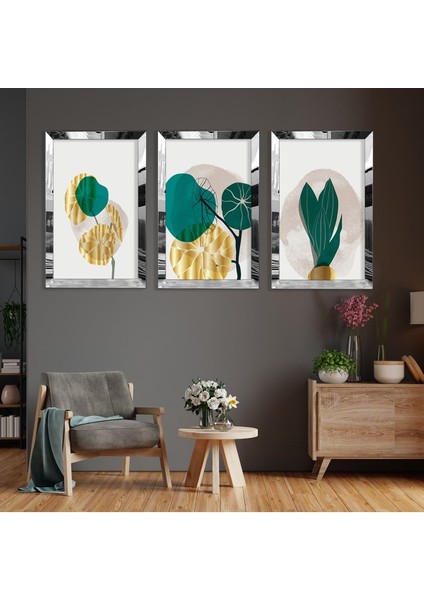 Soyut Desen Bitki Gold Pleksi Kenar 3'lü Mdf Tablo fiyatları