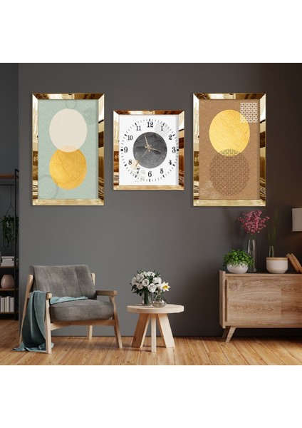 Soyut Desen Gold Pleksi Kenar 3'lü Mdf Tablo ve Saat Kombin fiyatları