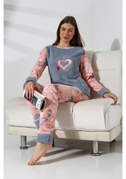 Önü Soft Kalp Desenli Polar Kadın Pijama Takımı VG079