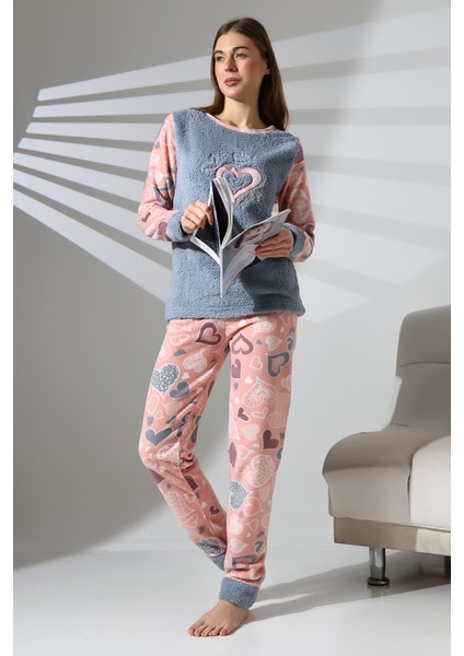 Önü Soft Kalp Desenli Polar Kadın Pijama Takımı VG079
