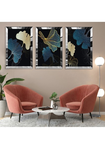 Soyut Desen Çiçek Gümüş Pleksi Kenar 3'lü Mdf Tablo