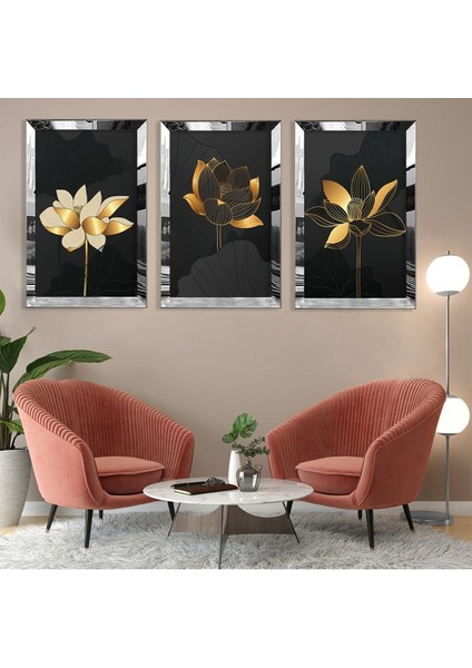 Soyut Desen Çiçek Gümüş Pleksi Kenar 3'lü Mdf Tablo