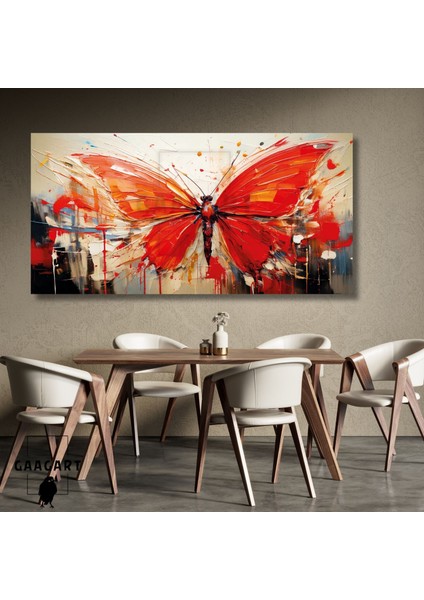 Panoramik Kanvas Duvar Tablosu Yağlı Boya Görünümlü Kırmızı Kelebek