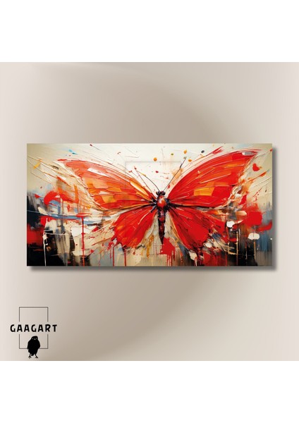 Panoramik Kanvas Duvar Tablosu Yağlı Boya Görünümlü Kırmızı Kelebek modelleri