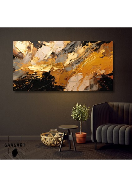 Panoramik Kanvas Duvar Tablosu Soyut Yağlı Boya Görünümlü Gold Siyah Desen