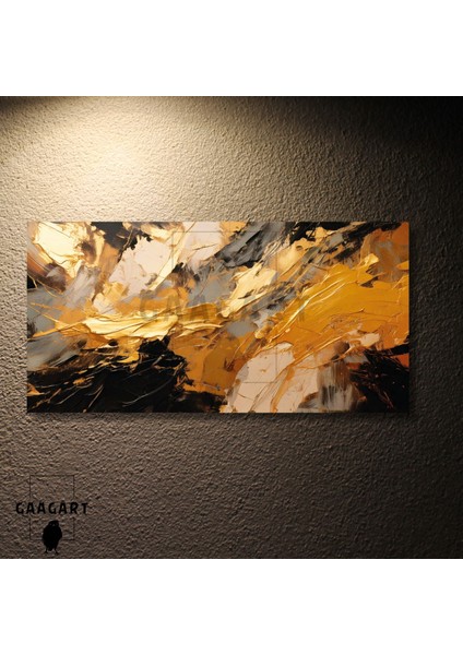 Panoramik Kanvas Duvar Tablosu Soyut Yağlı Boya Görünümlü Gold Siyah Desen modelleri