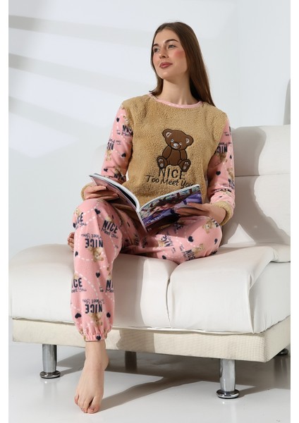 Ayıcık Nakış Detaylı Önü Soft , Polar Kadın Pijama Takımı VG075