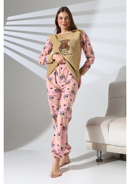 Ayıcık Nakış Detaylı Önü Soft , Polar Kadın Pijama Takımı VG075