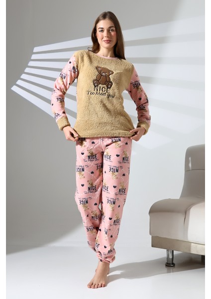 Ayıcık Nakış Detaylı Önü Soft , Polar Kadın Pijama Takımı VG075