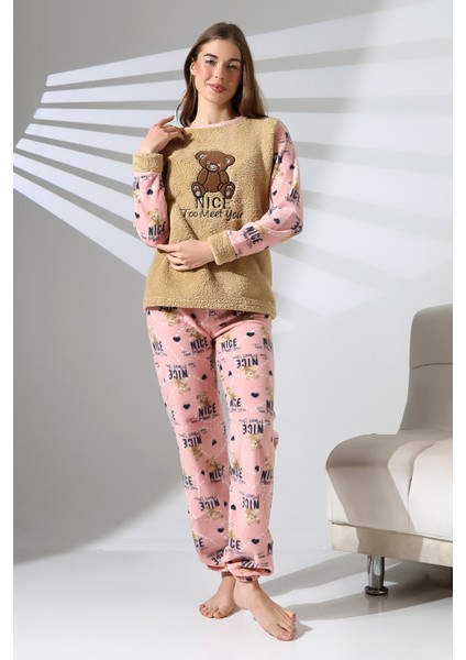 Ayıcık Nakış Detaylı Önü Soft , Polar Kadın Pijama Takımı VG075
