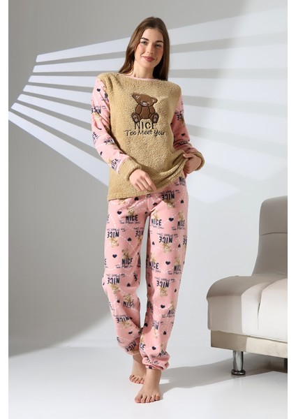 Ayıcık Nakış Detaylı Önü Soft , Polar Kadın Pijama Takımı VG075