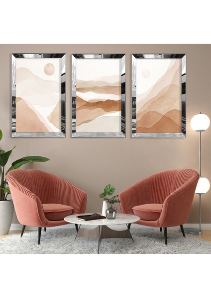Soyut Desen Dağ Gümüş Pleksi Kenar 3'lü Mdf Tablo