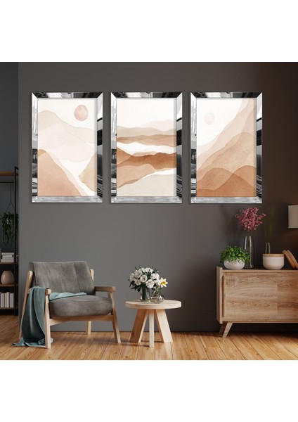 Soyut Desen Dağ Gümüş Pleksi Kenar 3'lü Mdf Tablo fiyatları