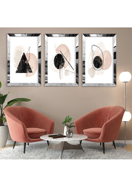 Soyut Desen Şekiller Gold Pleksi Kenar 3'lü Mdf Tablo