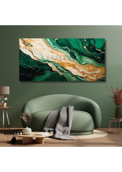 Panoramik Kanvas Duvar Tablosu Soyut Yeşil Krem Mermer Deseni
