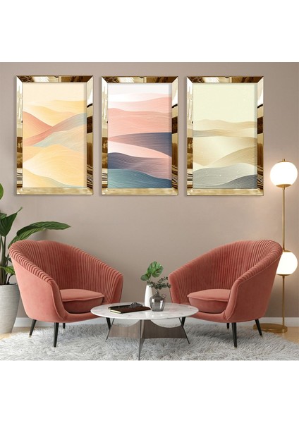 Soyut Desen Kum Gümüş Pleksi Kenar 3'lü Mdf Tablo