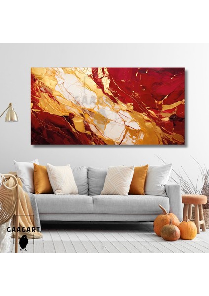 Panoramik Kanvas Duvar Tablosu Soyut Bordo Gold Krem Mermer Deseni