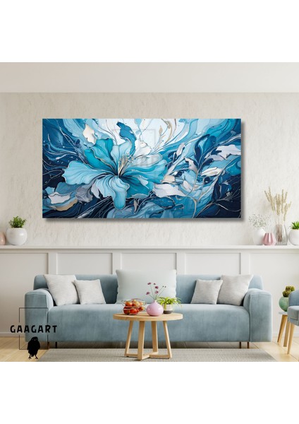 Panoramik Kanvas Duvar Tablosu Soyut Yağlı Boya Görünümlü Mavi Beyaz Çiçek