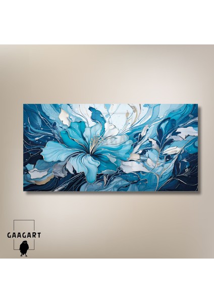 Panoramik Kanvas Duvar Tablosu Soyut Yağlı Boya Görünümlü Mavi Beyaz Çiçek modelleri
