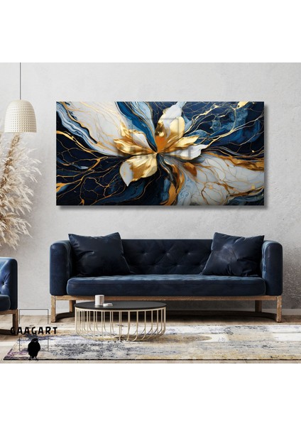 Panoramik Kanvas Duvar Tablosu Soyut Mavi Gold Mermer Deseni Çiçek