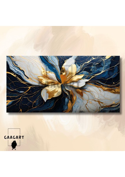 Panoramik Kanvas Duvar Tablosu Soyut Mavi Gold Mermer Deseni Çiçek modelleri