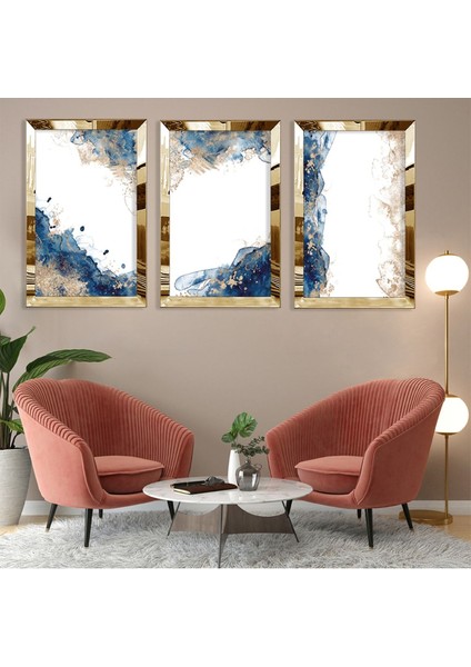 Mavi Beyaz Kolaj Gümüş Pleksi Kenar 3'lü Mdf Tablo