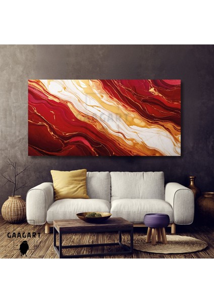 Panoramik Kanvas Duvar Tablosu Soyut Bordo Krem Mermer Deseni