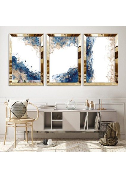 Mavi Beyaz Kolaj Gümüş Pleksi Kenar 3'lü Mdf Tablo fiyatları