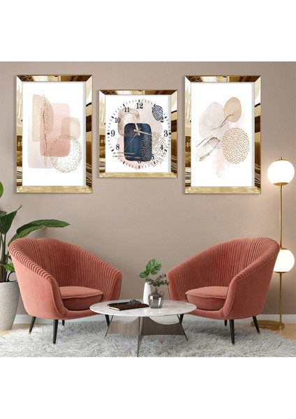 Soyut Desen Taş Gold Pleksi Kenar 3'lü Mdf Tablo ve Saat Kombin