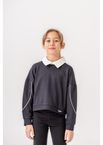 Kız Çocuk Lacivert Bluz Sweat Yaka Detaylı
