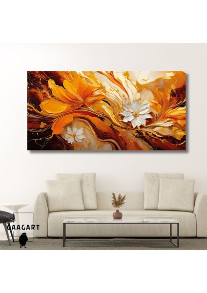 Panoramik Kanvas Duvar Tablosu Soyut Yağlı Boya Görünümlü Turuncu Çiçek