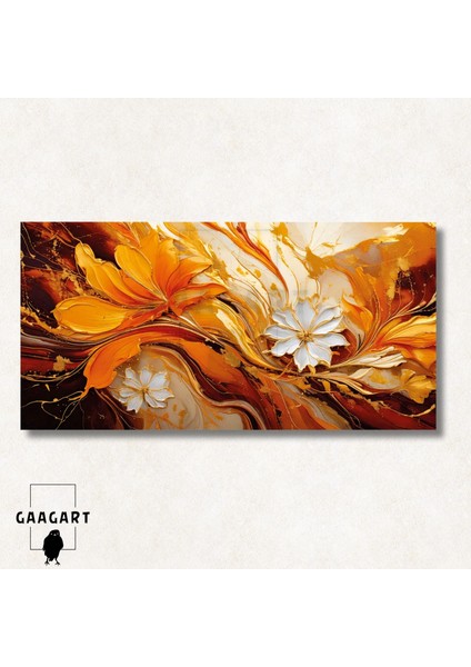 Panoramik Kanvas Duvar Tablosu Soyut Yağlı Boya Görünümlü Turuncu Çiçek modelleri