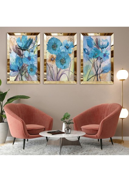 Mavi Çiçek Gümüş Pleksi Kenar 3'lü Mdf Tablo