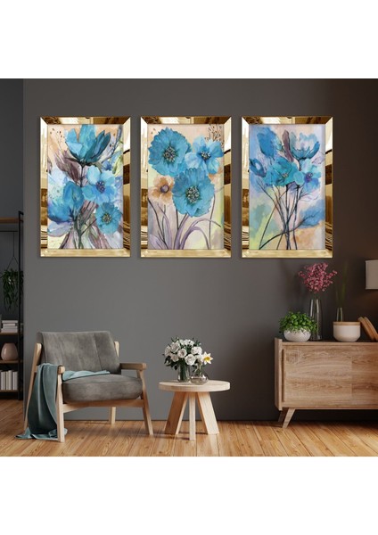 Mavi Çiçek Gümüş Pleksi Kenar 3'lü Mdf Tablo fiyatları