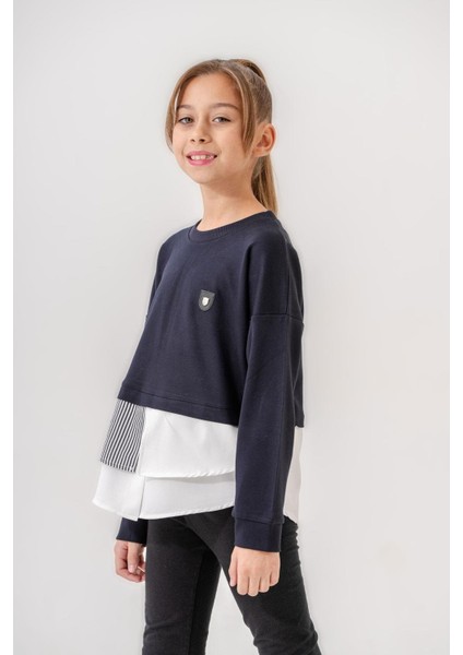 Kız Çocuk Lacivert Bluz Sweat Yaka Gömlek Etek Detaylı modelleri