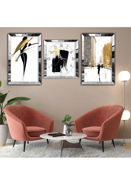 Gümüş Pleksi Kenar 3'lü Mdf Tablo Saat Seti
