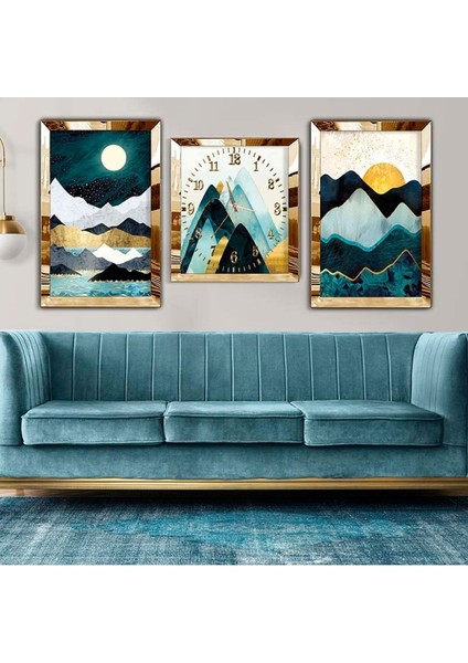 Gümüş Pleksi Kenar 3'lü Mdf Tablo Saat Seti