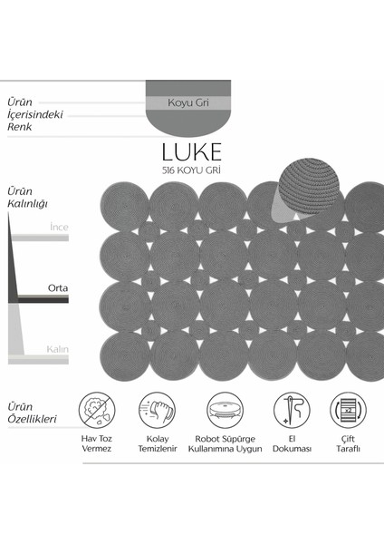 Luke 516 Koyu Gri Halı Paspas Örgü Hasır Kilim Yolluk Bohem Hol Mutfak Balkon Banyo Halısı