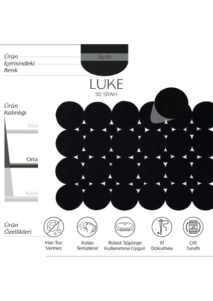 Luke 512 Siyah Halı Paspas Örgü Hasır Kilim Yolluk Bohem Antre Mutfak Balkon Banyo Halısı