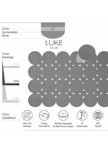 Luke 515 Gri Halı Paspas Örgü Hasır Kilim Yolluk Bohem Antre Mutfak Balkon Banyo Halısı