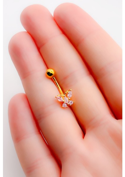 Cerrahi Çelik Piercing Zirkon Taşlı Kelebek Figürlü Göbek Piercing