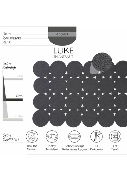 Luke 514 Antrasit Halı Paspas Örgü Hasır Kilim Yolluk Bohem Mutfak Balkon Banyo Halısı