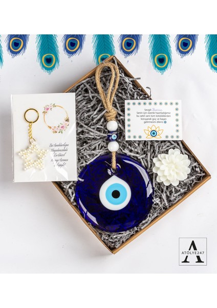 Kişiye Özel Nazar Hediye Seti- Nazar Duvar Süsü- Lotus Mum- Yıldız Anahtarlık