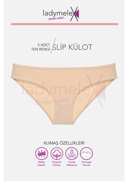 Kadın Külot, 5 Adet, Ten Rengi Külot, Klasik Slip Külot, %100 Yumuşak Kumaş