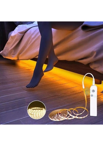 Hareket Sensörlü Pilli LED Gece Lambası Zamanlayıcılı USB Şarjlı Dolap Yatak Altı Merdiven Işık Aydınlatması IP65 Su Geçirmez 2 Metre