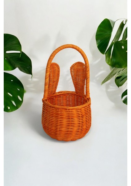 Turuncu Renkli Rattan Tavşan Tasarımlı Dekoratif Sepet Çocuk Odası Oturma Odası Düzenleyici (30 cm ) Oceanpoint